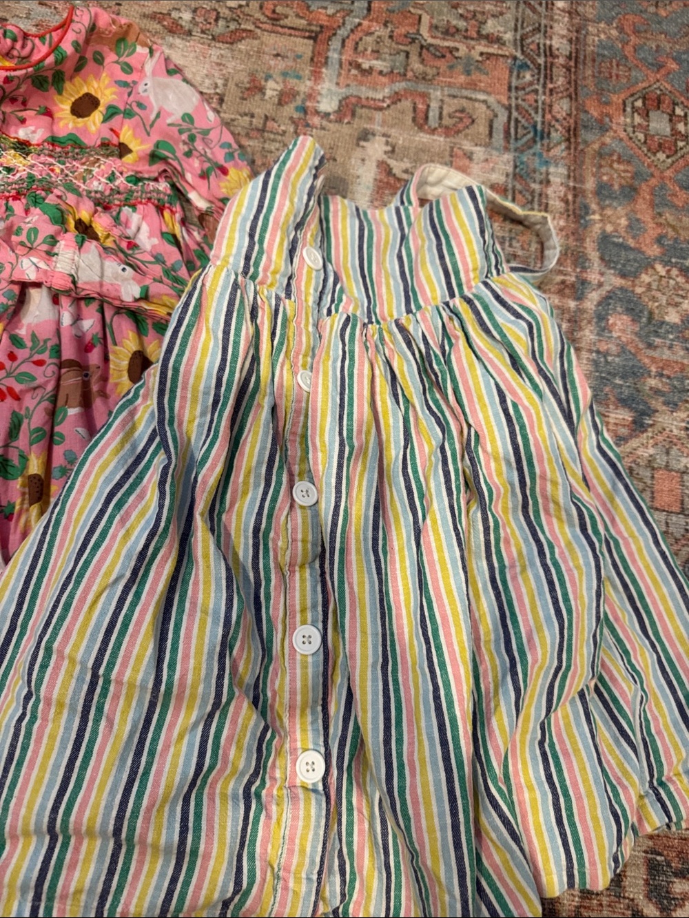 Mini Boden Girls Pink Floral Sunflower Dress + Multicolor Stripe Button Dress - Picture 4 of 7